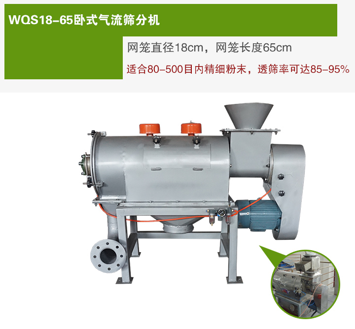 WQS18-65臥式氣流篩分機網(wǎng)籠直徑為18cm，網(wǎng)籠長度為65cm